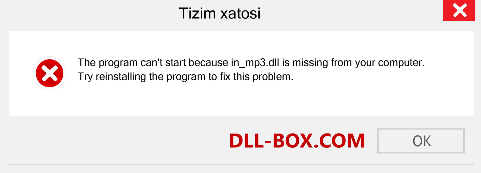 in_mp3.dll fayli yo'qolganmi?. Windows 7, 8, 10 uchun yuklab olish - Windowsda in_mp3 dll etishmayotgan xatoni tuzating, rasmlar, rasmlar